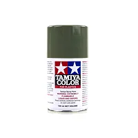 A 100ml can of Tamiya TS-91 Dark Green (JGSDF) spray paint for plastic models, featuring the Tamiya logo and safety warnings on a white background.
