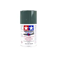 A 100ml can of Tamiya AS-1 Dark Green (IJN) aircraft spray paint against a white background.