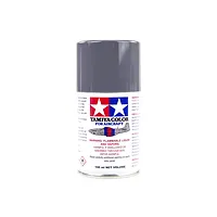 A 100ml can of Tamiya AS-4 Grey Violet spray paint for aircraft models, featuring the Tamiya logo and safety warnings on a white background.