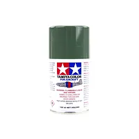 A 100ml spray paint can of Tamiya AS-17 Dark Green for aircraft, featuring the Tamiya logo and safety warnings on a white background.