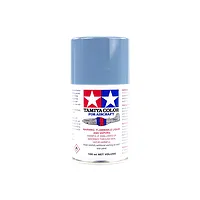 A 100ml can of Tamiya AS-19 Intermediate Blue spray paint for aircraft models, featuring the Tamiya logo and safety warnings on a white background.