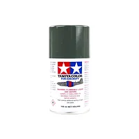 A 100ml spray paint can of Tamiya AS-24 Dark Green for aircraft, featuring the Tamiya logo and safety warnings on a white background.