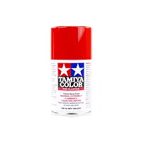 A 100ml can of Tamiya TS-86 Pure Red lacquer spray paint for plastic models, featuring the Tamiya logo and safety warnings on a white background.