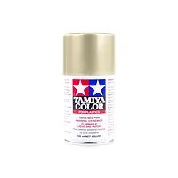 A 100ml can of Tamiya TS-87 Titanium Gold lacquer spray paint for plastics, featuring the Tamiya logo and safety warnings on a white background.