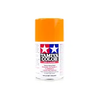 A 100ml can of Tamiya TS-96 Fluorescent Orange lacquer spray paint, featuring the Tamiya logo and safety warnings on a white background.