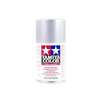 A 100ml can of Tamiya TS-83 Metallic Silver lacquer spray paint for plastic models, featuring the Tamiya logo and safety warnings on a white background.