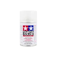 A 100ml can of Tamiya TS-79 Semi Gloss Clear lacquer spray paint with a white label and the Tamiya logo on a white background.