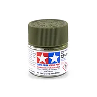 A small glass jar of Tamiya XF-81 Dark Green 2 (RAF) flat acrylic paint with a green plastic cap against a white background.