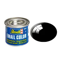 A 14ml tin of Revell Gloss Black enamel paint next to a black paint swatch showing a glossy finish.