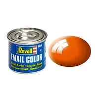 A 14ml tin of Revell Gloss Orange enamel paint next to a glossy orange paint swatch.