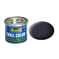 A 14ml tin of Revell Email Color enamel paint in matte tank grey, shown with a sample color swatch next to it.