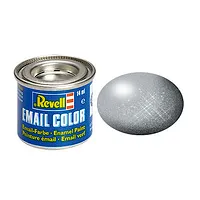 A 14ml tin of Revell Metallic Silver enamel paint next to a silver paint swatch.