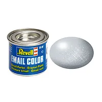 A 14ml tin of Revell Metallic Aluminium enamel paint with a silver paint swatch next to it on a white background.