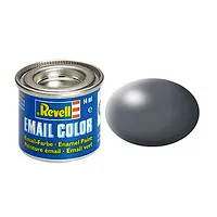 A 14ml tin of Revell Email Color enamel paint in Silk Dark Grey, shown next to a dark grey paint swatch.