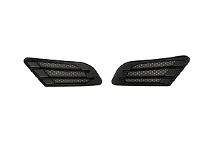 Two black plastic 1/10 scale fender ducts with mesh inserts for RC car bodies.