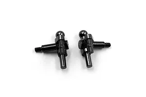 Two black aluminium steering knuckles for RC cars, shown from a top-down perspective against a white background.