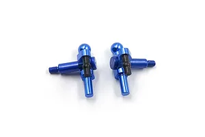 Two blue anodized aluminium steering knuckles for RC cars, featuring ball joints and threaded shafts, isolated on a white background.