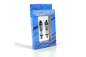 Two Pro-Line Pro-Spec assembled RC shock absorbers inside their blue and white retail packaging box.