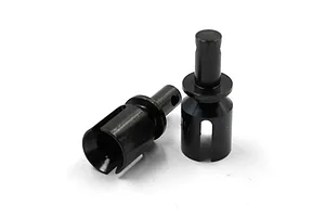 Two black steel differential outdrive cups for RC cars, shown against a white background.