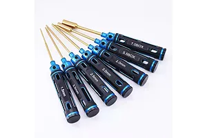 A set of seven GPM Racing blue and black handled hex and nut driver tools arranged in a fan shape on a white background.
