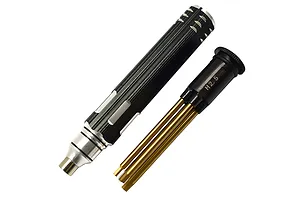 A GPM 4-in-1 magnetic hex driver set featuring a black and silver handle and a separate bit holder with four gold-coloured hex bits.