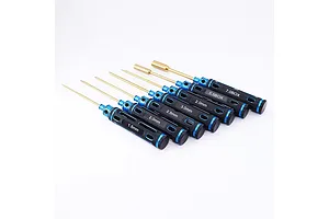 A set of seven GPM Racing blue and black hex and nut driver tools arranged diagonally on a white background.
