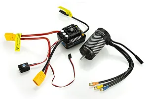 Hobbywing EZrun Max8 G2S ESC and 4278SD 2250Kv brushless motor combo with wiring, connectors, and power switch on a white background.