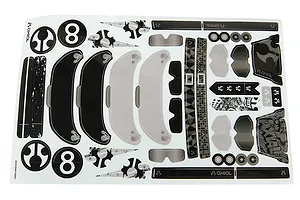 A sheet of Axial brand decal stickers for the Y-480 helmet set, featuring black and white racing graphics, logos, and number 8 decals.