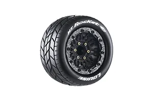 Louise 1/10 MT-Rocket (Soft) Tyres on (0", 1/2" Offset) Black Rims with Hex Adapters - Glued Wheels 2Pcs
