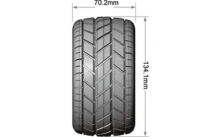 Technical diagram showing the tread pattern and dimensions of a Louise MT-Rocket RC tyre, with a width of 70.2mm and a diameter of 134.1mm.
