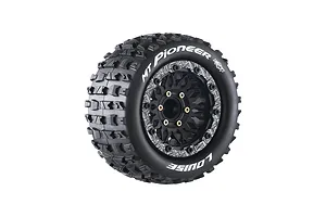 Louise 1/10 MT-Pioneer (Soft) Tyres on (0", 1/2" Offset) Black Rims with Hex Adapters - Glued Wheels 2Pcs