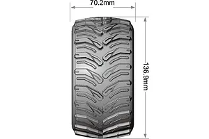 Technical diagram showing the dimensions of a Louise MT-Cyclone RC monster truck tyre, indicating a width of 70.2mm and a diameter of 136.9mm.