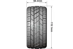 A technical diagram showing the tread pattern and dimensions of an RC stadium truck tyre, measuring 56.3mm in width and 119.1mm in diameter.
