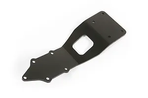 A black aluminium front skid plate for an RC vehicle, featuring a tapered design with multiple mounting holes and a central cutout.