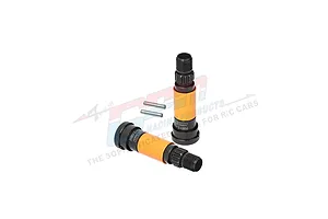 Two GPM Racing hardened steel wheel hex adapters with orange sleeves and two small metal pins against a white background.