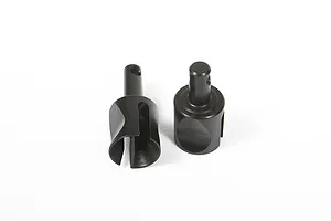 Two black metal RC differential outdrive cups on a white background.