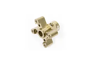 A gold-anodized metal differential locker part for an RC vehicle, featuring a cross-shaped design with threaded mounting holes.