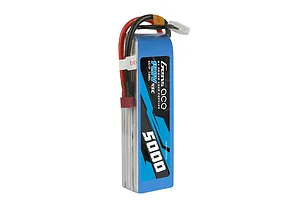 Gens Ace 14.8V 5000mAh 4S LiPo battery with soft case, featuring red and black power wires and a white balance connector.