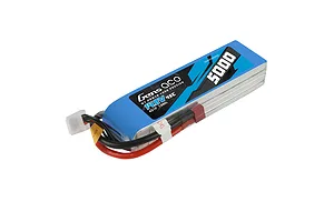 Gens Ace 14.8V 5000mAh 4S LiPo battery with soft case, featuring blue and black branding, red and black power wires, and a white balance connector.