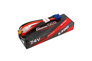 Gens Ace 7.4V 5300mAh 60C hard case LiPo battery with red and black wiring and blue connectors, isolated on a white background.