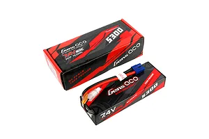Gens Ace 7.4V 5300mAh 60C hard case LiPo battery with its red and black branded cardboard packaging box.