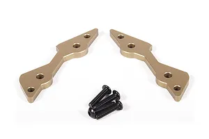 Two gold-anodized aluminium shock mount plates and four black machine screws on a white background.