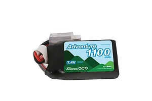 Gens Ace Adventure 7.4V 1100mAh 35C soft case LiPo battery with JST connector against a white background.