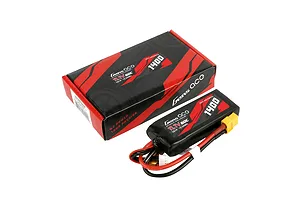 Gens Ace 11.1V 1400mAh 60C LiPo battery with its black and red branded cardboard packaging box.