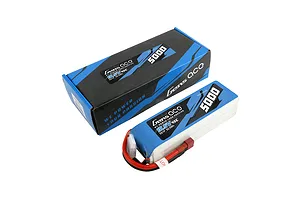Gens Ace 18.5V 5000mAh 45C LiPo battery in a soft case shown next to its branded cardboard packaging box.