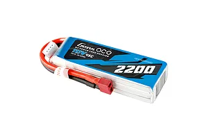 Gens Ace 11.1V 2200mAh 45C LiPo battery with a blue and black label, red and black wires, and a Deans-style connector.