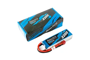 Gens Ace 11.1V 2200mAh 45C LiPo battery with its blue and black branded cardboard packaging box.
