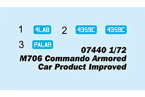 A digital decal sheet preview for the Trumpeter 1/72 M706 Commando Armored Car model kit, showing numbered decal options on a light blue background.