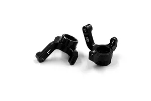 Two black aluminium RC steering hubs marked with L and R for left and right orientation, isolated on a white background.