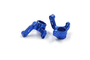 Two dark blue anodized aluminium RC steering hubs, one marked with an L and one with an R, isolated on a white background.